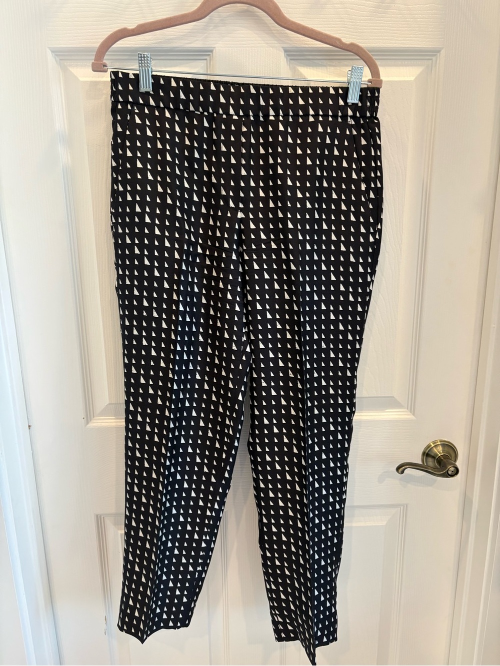 Theory Black Silk Pants with White Triangle Print